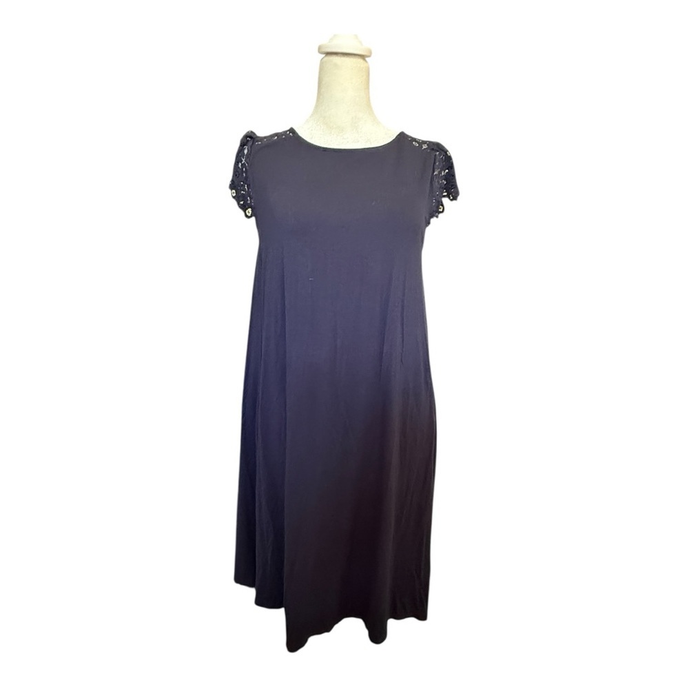 Loft Navy Blue Shift Dress with Lace Sleeves and details Small